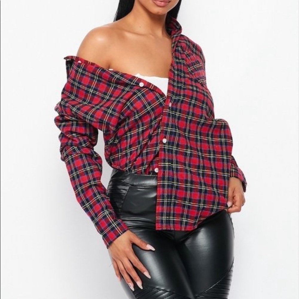 NEW FALL UNISEX TRENDY RED MULTI PLAID FLANNEL LONG SLEEVE BUTTON UP SHIRT
